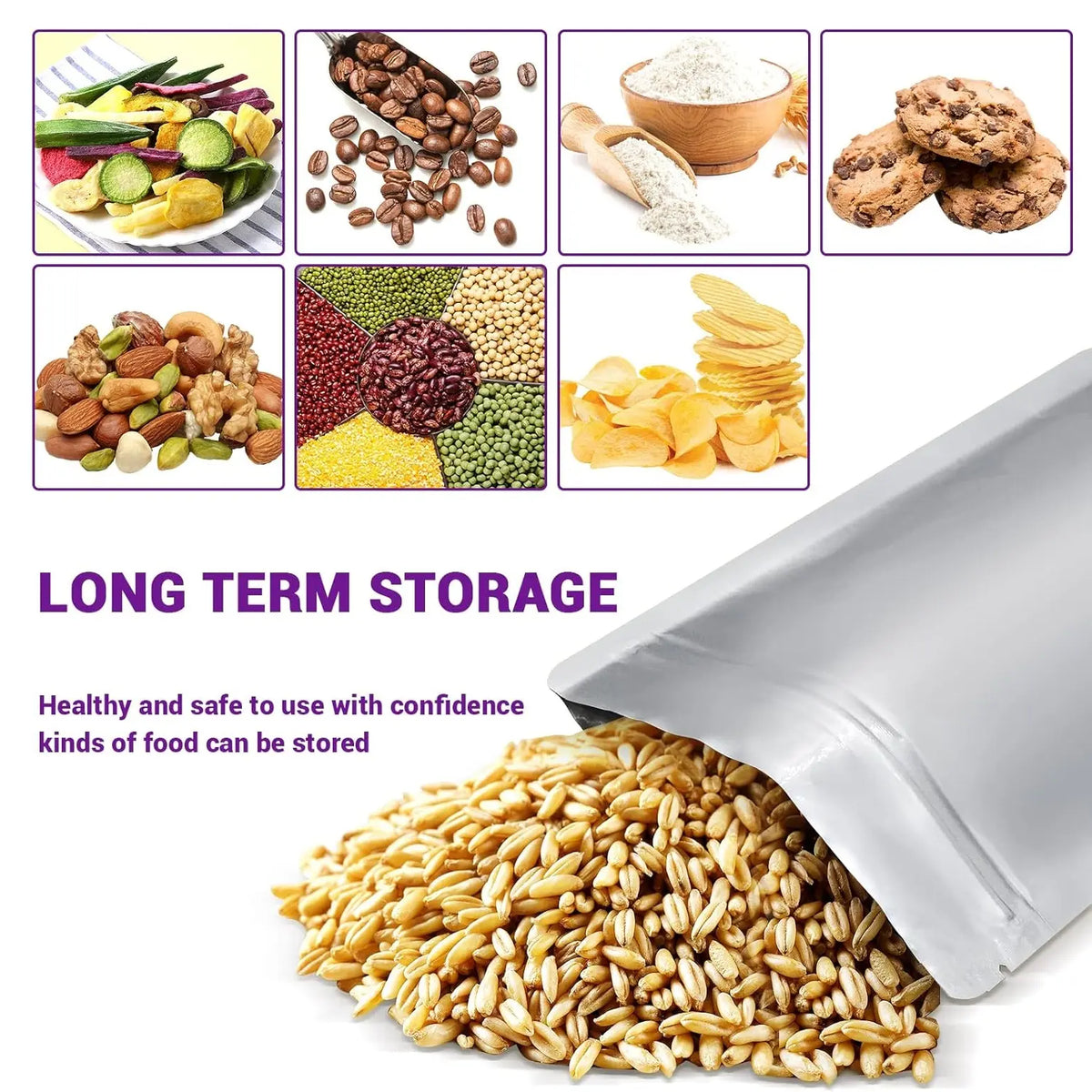 100-Pcs Multi-Size Thick Mylar Film Food Storage Bags Set - 6/8/10 Mil Resealable Zip Lock, Heat-Seal Upright, Dual Seal Reusable Containers, 1 qt, for Pantry Organizing, Kitchen Meal Prepping, Camping, Tear-Resistant Dry Goods