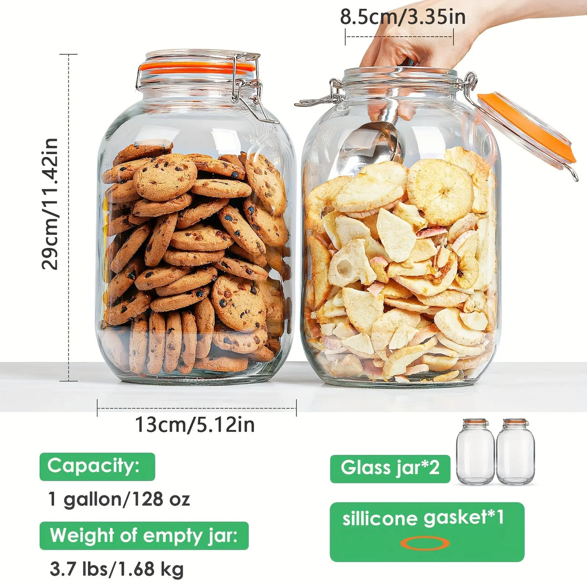 4-Pack 1 Gallon Wide Mouth Glass Storage Jars with Airtight Hinged Clamp Lids, Includes 1 Replacement Silicone Gasket, Large Mason Containers for Fermenting, Canning, Pickling and Preserving
