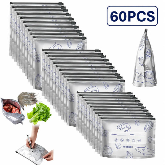 60 PCS 3 Size Reusable Preservation Bags, Airtight Vacuum Sealer Food Storage Bags, Leak Proof Freezer Safe, Stand Up Foil Sealable Pouches for Meal Prep, Pantry Organization, Travel Snacks