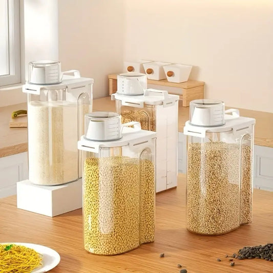 4-Pack Functional Airtight BPA-Free Plastic Rice Storage Canisters with Handles & Measuring Cups, Kitchen Gadgets Pantry Storage Containers for Flour, Beans, Dry Foods