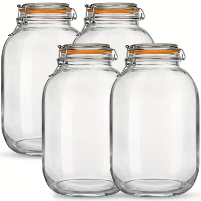 4-Pack 1 Gallon Wide Mouth Glass Storage Jars with Airtight Hinged Clamp Lids, Includes 1 Replacement Silicone Gasket, Large Mason Containers for Fermenting, Canning, Pickling and Preserving