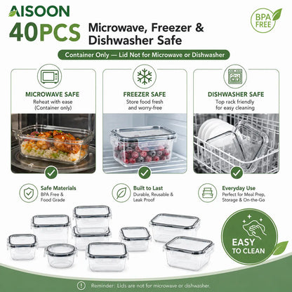 AISOON 40 PCS Extra Large 85oz Silicone Airtight Food Storage Containers Set (20 Containers + 20 Lids) - Square, Round, Rectangular, Nestable Shapes, Leakproof, Reusable, Microwave & Dishwasher Safe, Labels & Pen for Fridge Organization, Home Meal Prep