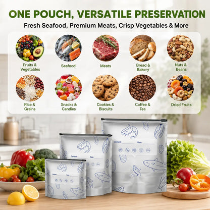 60 PCS 3 Size Reusable Preservation Bags, Airtight Vacuum Sealer Food Storage Bags, Leak Proof Freezer Safe, Stand Up Foil Sealable Pouches for Meal Prep, Pantry Organization, Travel Snacks