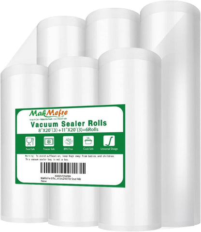 MakMeFre 6RL Vacuum Sealer Bags Rolls 8"x20'(3)+11"x20'(3) for Food Storage