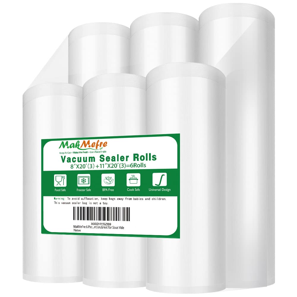 MakMeFre 6RL Vacuum Sealer Bags Rolls 8"x20'(3)+11"x20'(3) for Food Storage