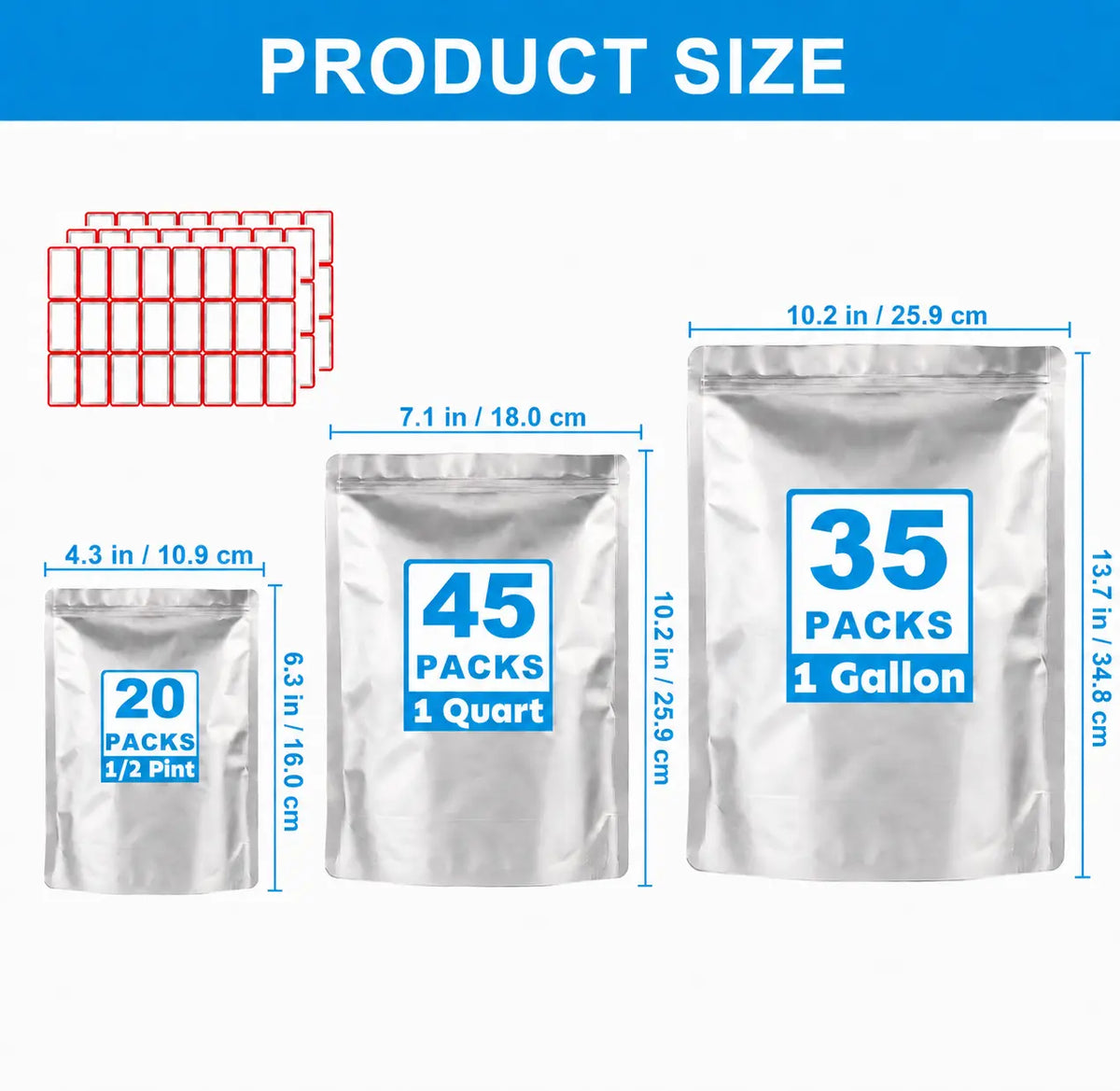 100-Pack Multipurpose Reusable Mylar Sealing Storage Bags - 10Mil 1Gal (35pcs), 8Mil 1Qt (45pcs), 6Mil 0.5Pt (20pcs) - Double-Seal Resealable Zipper Bags, Airtight Leakproof, Durable & Safe, Easy Handling & Storage for Kitchen Preservation, Camping