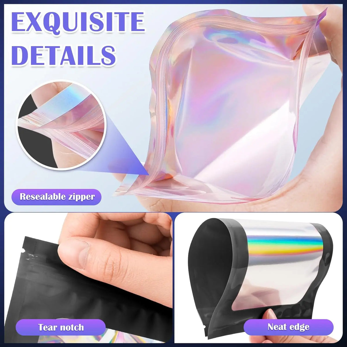Black Mylar Holographic Aluminium Foil Bags, 300-Pack 3-Sizes Compact Zippered Leakproof Moisture Guard Odor-Proof Storage Bags for Food Storage & Sample Organizing
