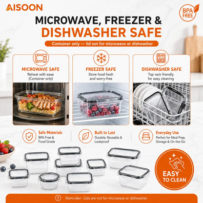 AISOON Airtight Food Storage Kit (50 Pcs/25 Pack), Kitchen Gadgets Meal Prep Containers, Reusable Leak-Proof Stackable BPA-Free Transparent Plastic Snack Boxes with Silicone Lids, Stackable Fridge Organizer