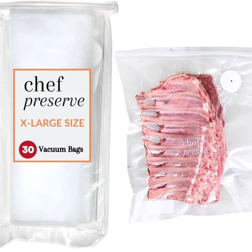 Chef Preserve Reusable Vacuum Sealer Bags for Food - 30 BPA-Free Small (8 x 10 in) Food Storage Bags, Freezer, Microwave - Odor-Resistant, Leak-Proof - Compatible with Chef Preserve Vacuum Sealers