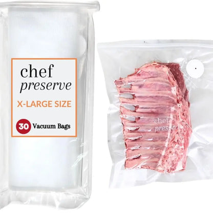 Chef Preserve Reusable Vacuum Sealer Bags for Food - 30 BPA-Free Small (8 x 10 in) Food Storage Bags, Freezer, Microwave - Odor-Resistant, Leak-Proof - Compatible with Chef Preserve Vacuum Sealers