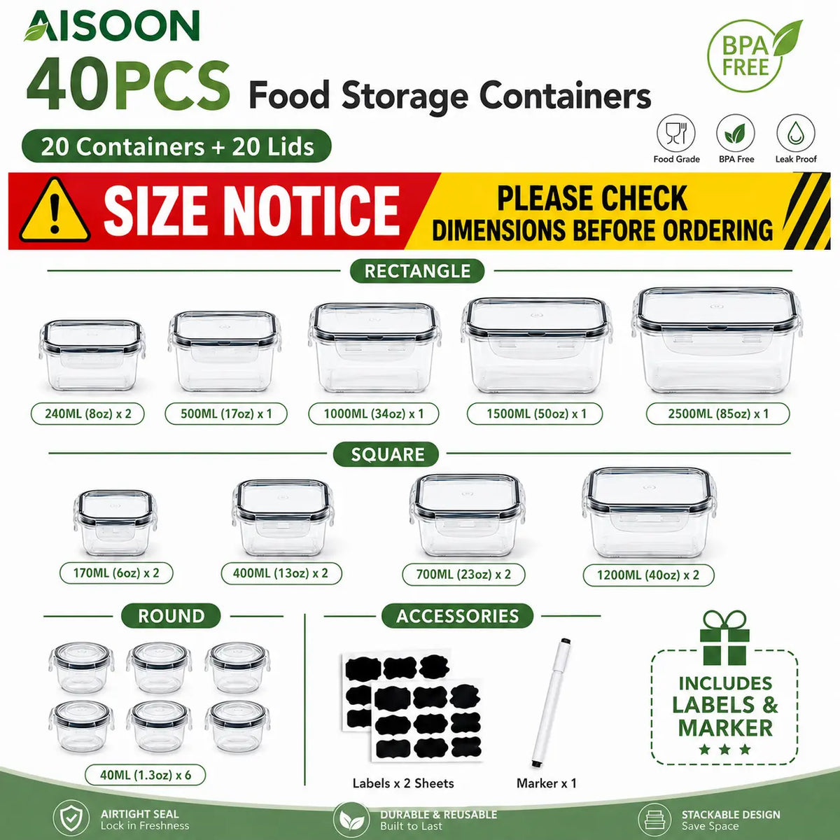 AISOON 40-Piece Rectangular Plastic Airtight Food Storage Containers Set (20 Containers + 20 Lids) - Leak-Proof, Reusable, Microwave & Dishwasher Safe for Lunch Packing, Packing Lunch for My Kid, Food Hacks