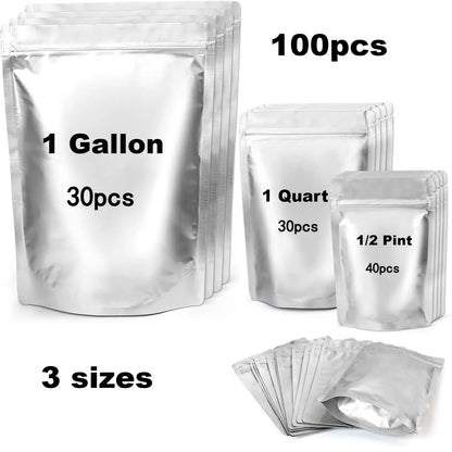 100-Pcs Multi-Size Thick Mylar Film Food Storage Bags Set - 6/8/10 Mil Resealable Zip Lock, Heat-Seal Upright, Dual Seal Reusable Containers, 1 qt, for Pantry Organizing, Kitchen Meal Prepping, Camping, Tear-Resistant Dry Goods