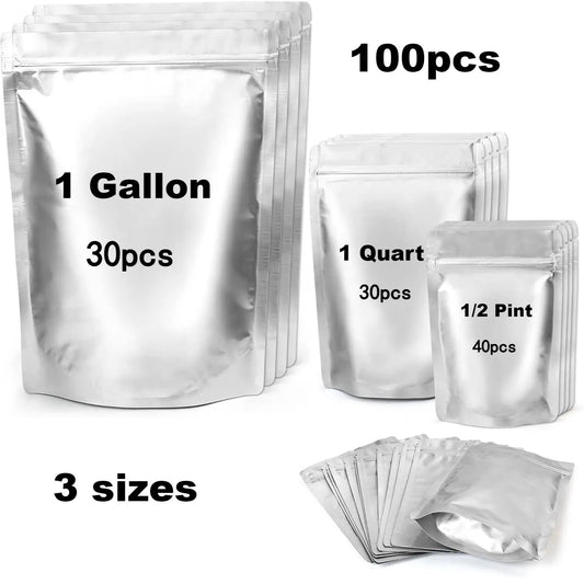 100-Pcs Multi-Size Thick Mylar Film Food Storage Bags Set - 6/8/10 Mil Resealable Zip Lock, Heat-Seal Upright, Dual Seal Reusable Containers, 1 qt, for Pantry Organizing, Kitchen Meal Prepping, Camping, Tear-Resistant Dry Goods