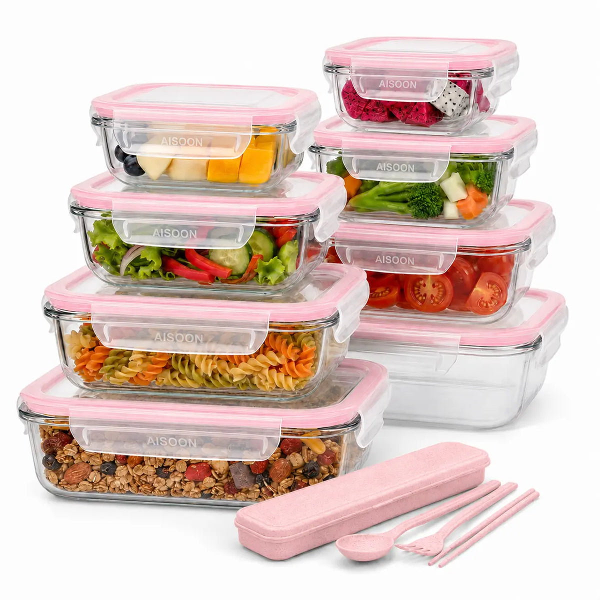 [AISOON Free Gift] 8-Pack Borosilicate Glass Food Storage Containers (8 + 1 Utensil) - Stackable, Airtight BPA-Free Kitchenware, Square Snack Box, Healthy Eating Cereal Containers, Oven-Microwave-Freezer-Dishwasher Safe