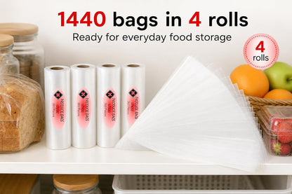 Mr Miracle Plastic Produce Bags for Food Storage - 12"x20" Clear Grocery Bag for Fruits, Vegetables, Bread - Easy Peel-Off Design, Continuous Roll, 1.75" Core, Pack of 1440 Bags [4 rolls]