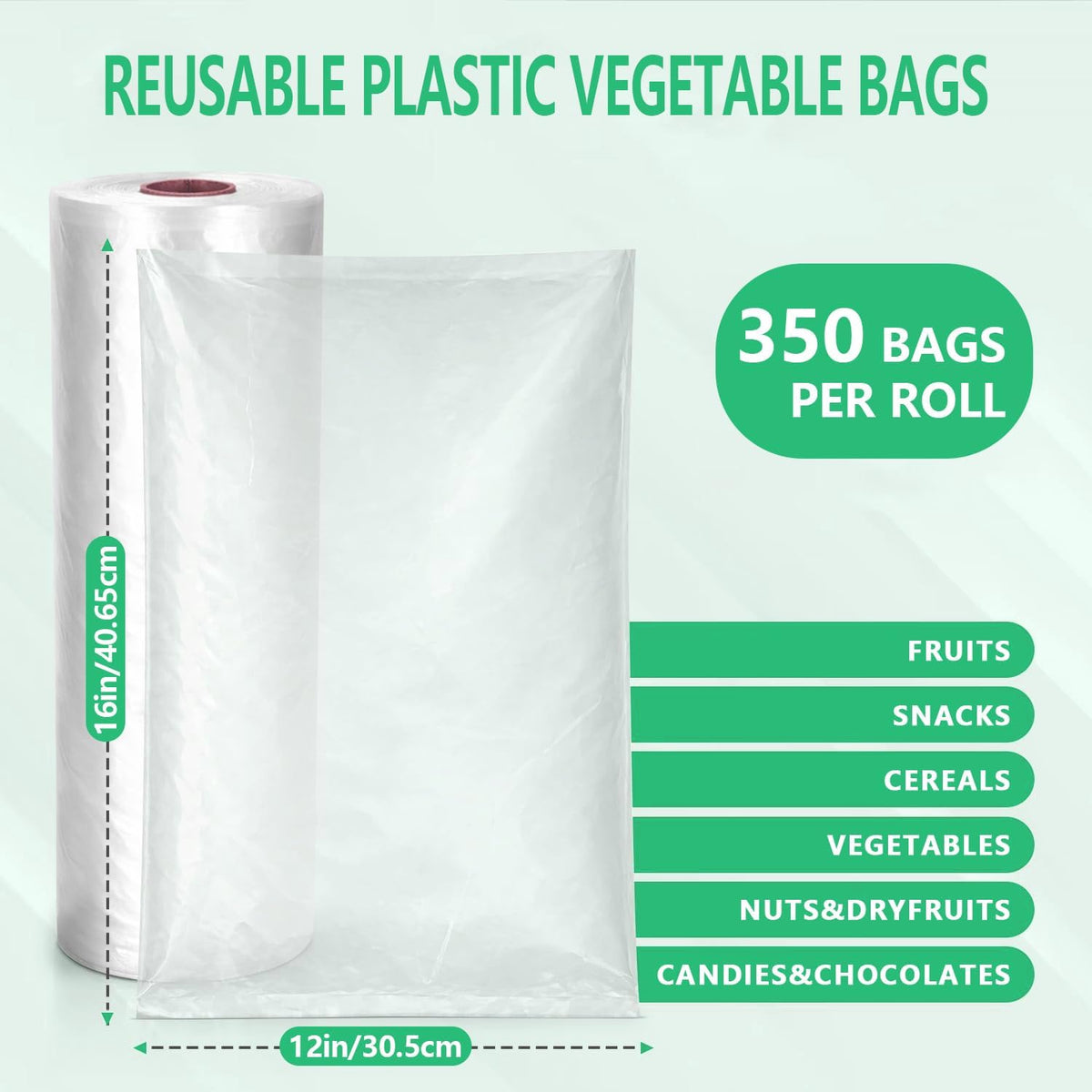 9527 Product 12" x 16" Clear Plastic Produce Bag, Food Storage Bag on a Roll, 350 Bags One Roll, Freeze/Heat Clear Bag for Bread, Meat, Vegetables, Fruits