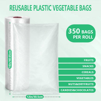 9527 Product 12" x 16" Clear Plastic Produce Bag, Food Storage Bag on a Roll, 350 Bags One Roll, Freeze/Heat Clear Bag for Bread, Meat, Vegetables, Fruits