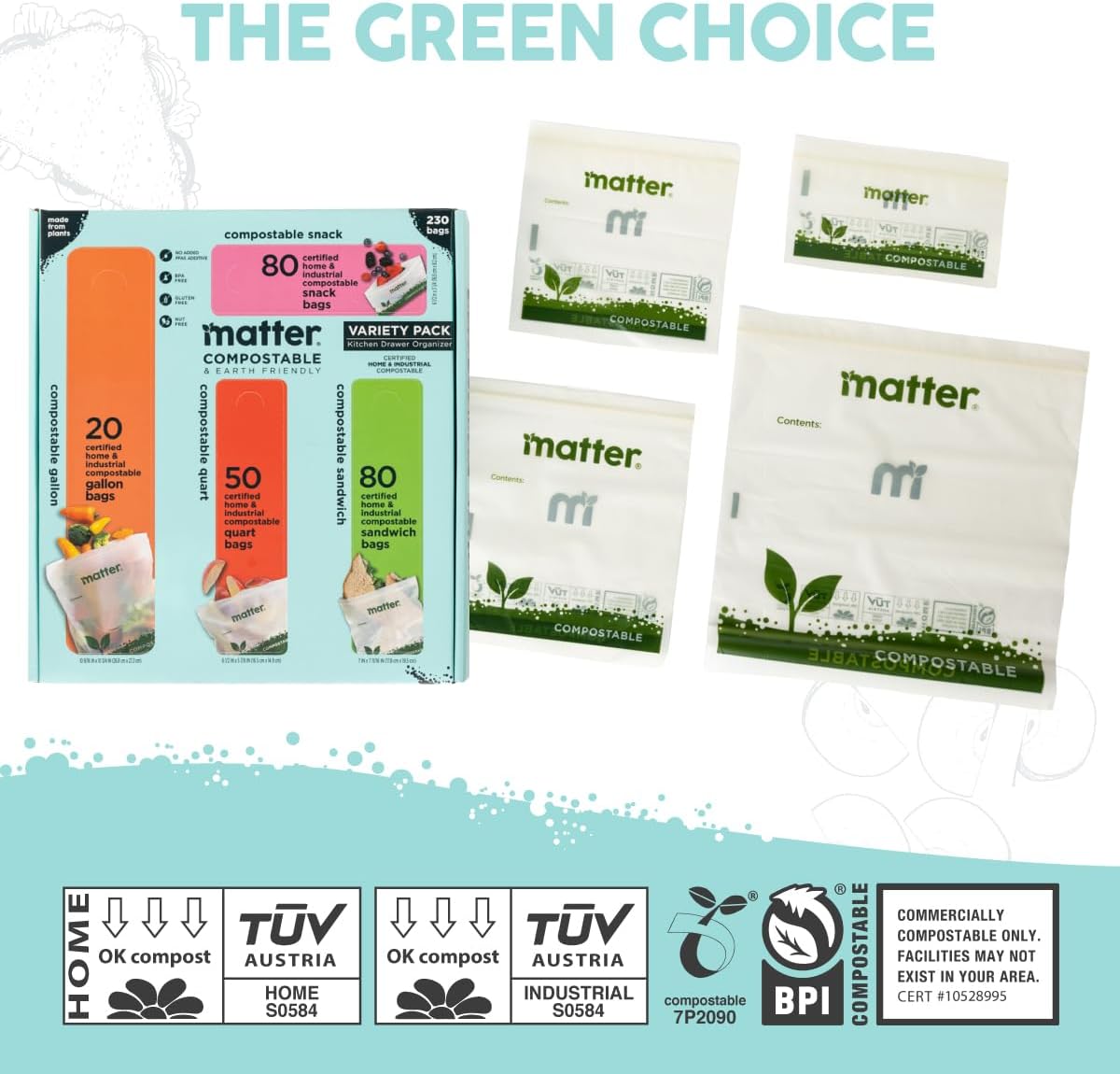 Matter Compostable Resealable Bags, Snack, Sandwich, Quart, Gallon 230 Ct