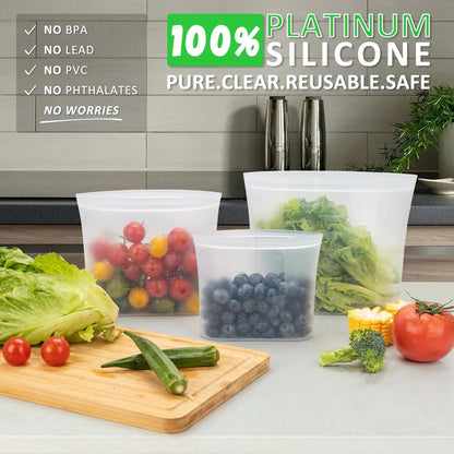 100% Platinum Silicone Reusable Storage Bags for Pet Supplies & Kitchen, 12-Pack Flexible Wide-Mouth Zip-Lock Containers, Stand-Up, Freezer-Microwave-Oven-Dishwasher Safe, 4M+4S+4XS, Crystal-Clear (Kids-Friendly)