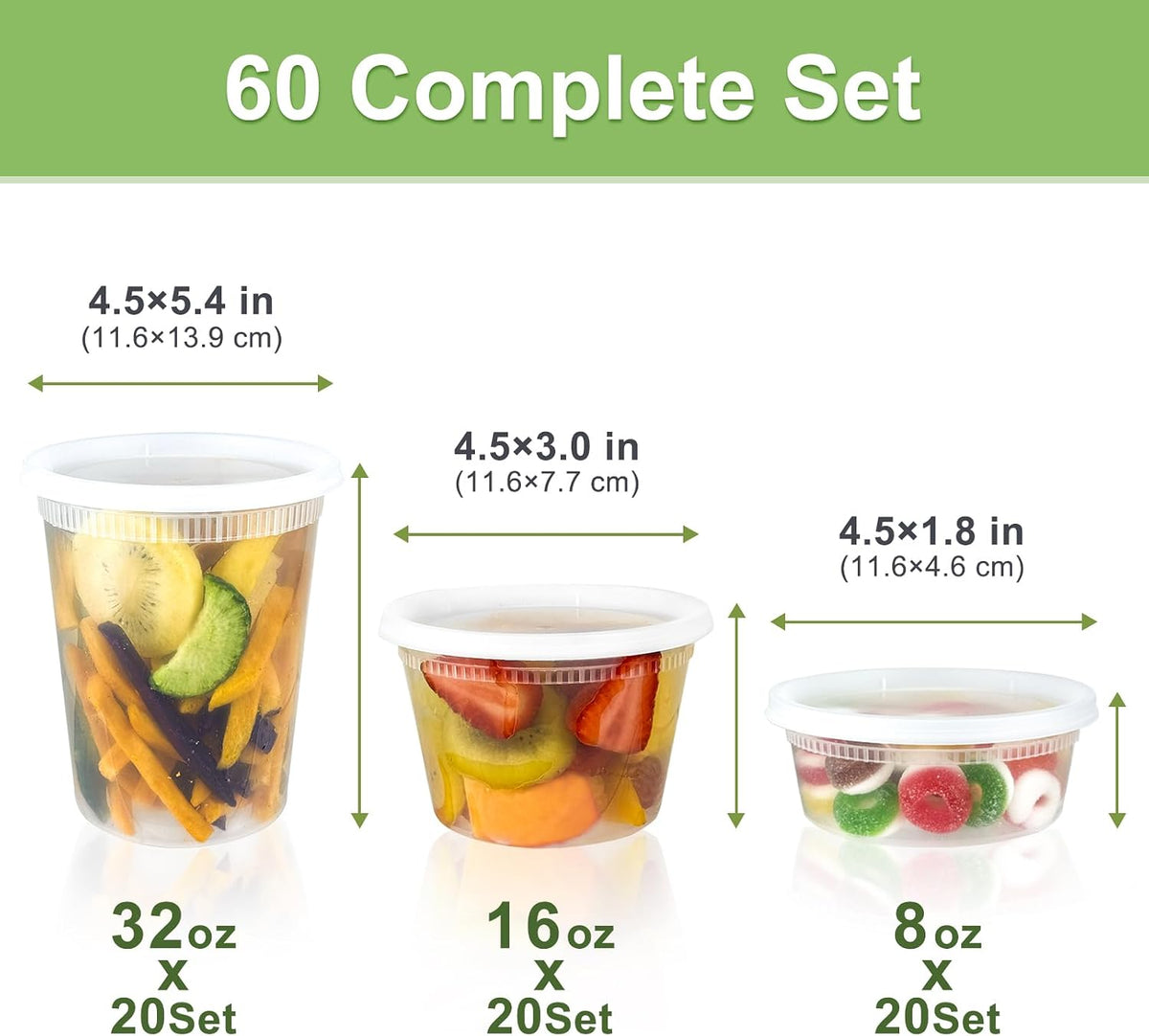 60 Sets (120-Piece) Deli Containers with Lids, 32/16/8 oz X 20 Set Each