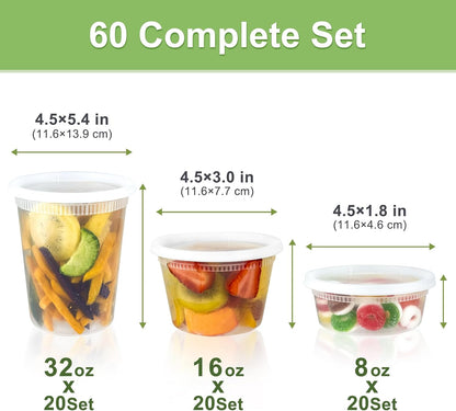 60 Sets (120-Piece) Deli Containers with Lids, 32/16/8 oz X 20 Set Each