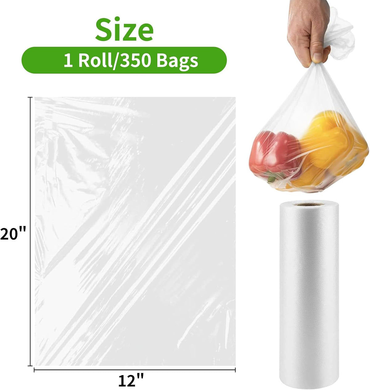 FungLam 12”×20” Plastic Produce Bags on a Roll, Clear Food Storage Bags for Bread, Vegetables, Fruits and Meat, Continuous Plastic Bags for Kitchen, Refrigerator Storage, 350 Bags/Roll