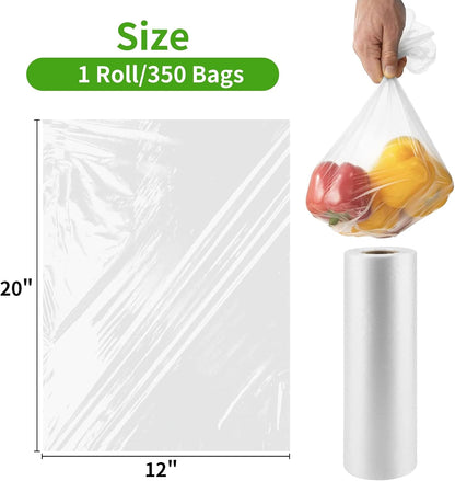 FungLam 12”×20” Plastic Produce Bags on a Roll, Clear Food Storage Bags for Bread, Vegetables, Fruits and Meat, Continuous Plastic Bags for Kitchen, Refrigerator Storage, 350 Bags/Roll