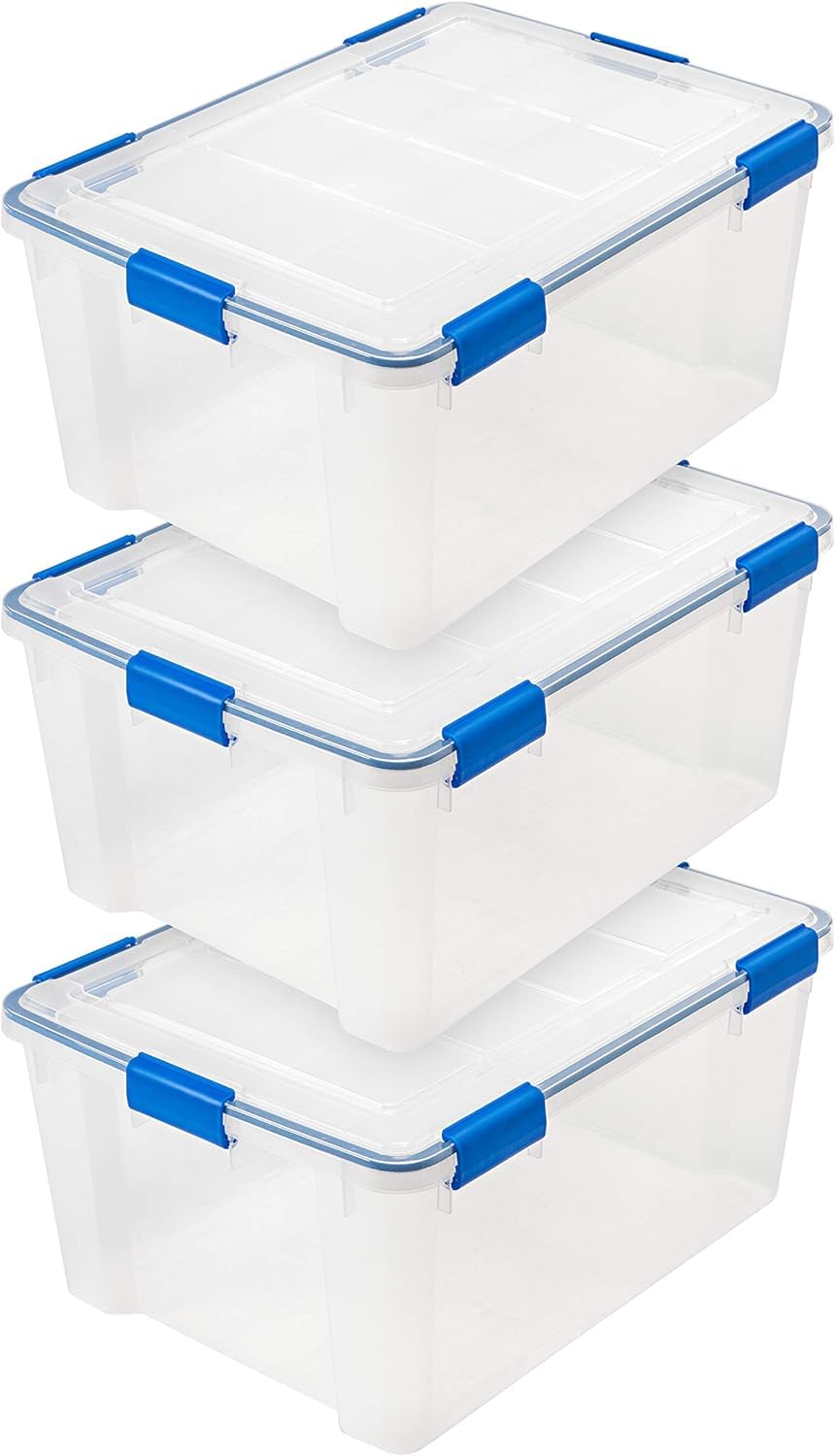 IRIS USA 3-Pack 16 Qt Storage Bins with Gasket Lids, Clear/Blue