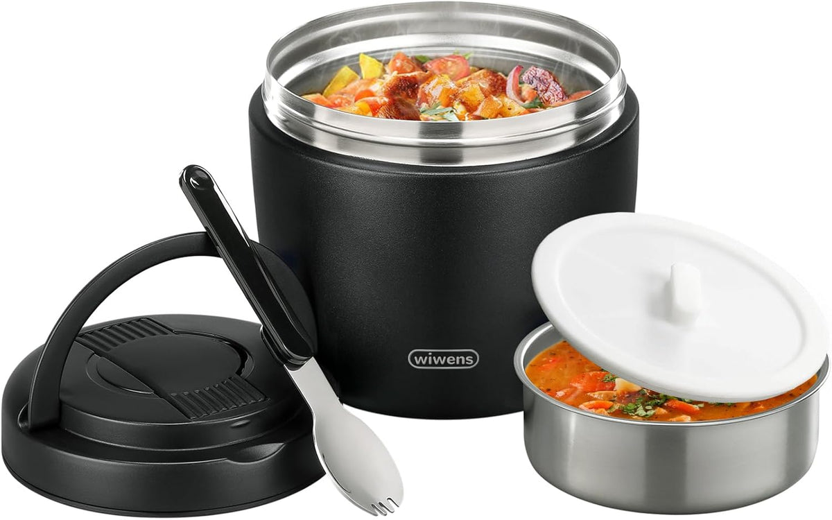 wiwens Thermo Food Jar for Hot Food 32OZ Soup Thermo Lunch Containers Wide Mouth Vacuum Insulated Stainless Steel Leakproof Bento Box with Spoon (Black)