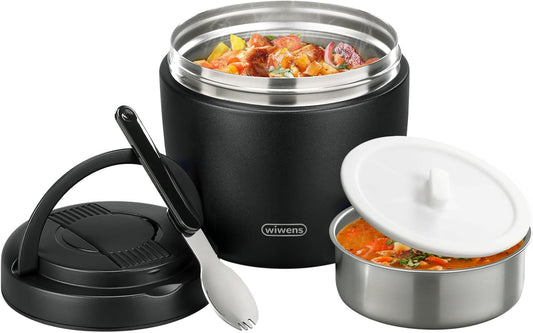 wiwens Thermo Food Jar for Hot Food 32OZ Soup Thermo Lunch Containers Wide Mouth Vacuum Insulated Stainless Steel Leakproof Bento Box with Spoon (Black)