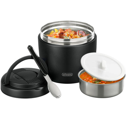 wiwens Thermo Food Jar for Hot Food 32OZ Soup Thermo Lunch Containers Wide Mouth Vacuum Insulated Stainless Steel Leakproof Bento Box with Spoon (Black)