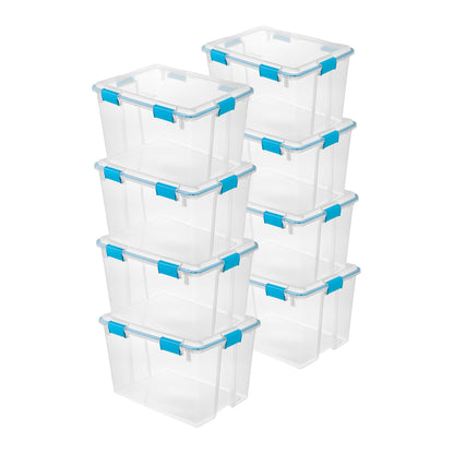 Sterilite 80 Qt Gasket Box, Stackable Storage Bin with Latching Lid and Tight Seal, Plastic Container to Organize Basement, Clear Base and Lid, 1-Pack