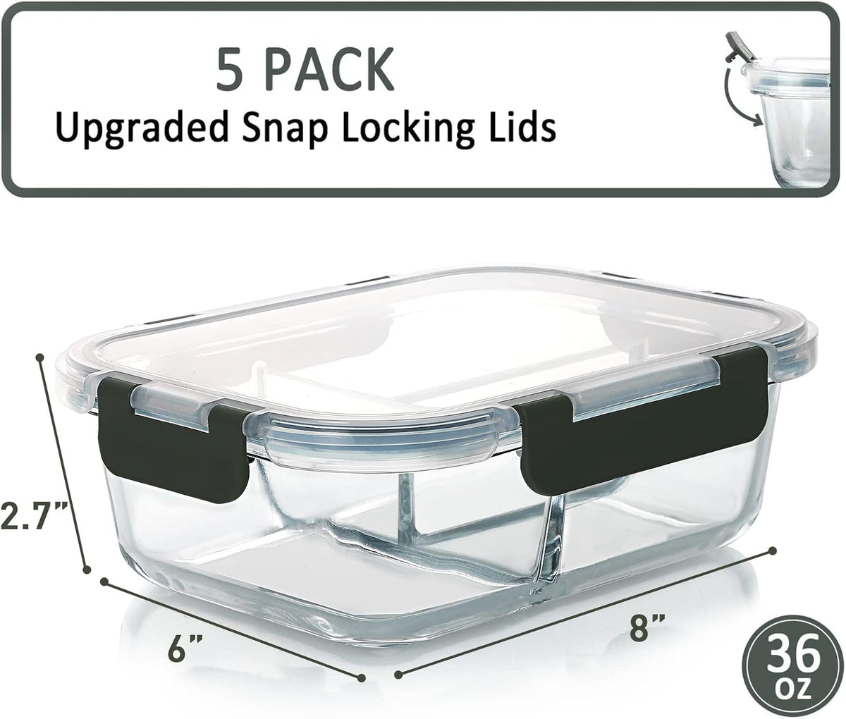 M MCIRCO 5 Pack,36 oz, 3 Compartments Glass Meal Prep Containers with Lids