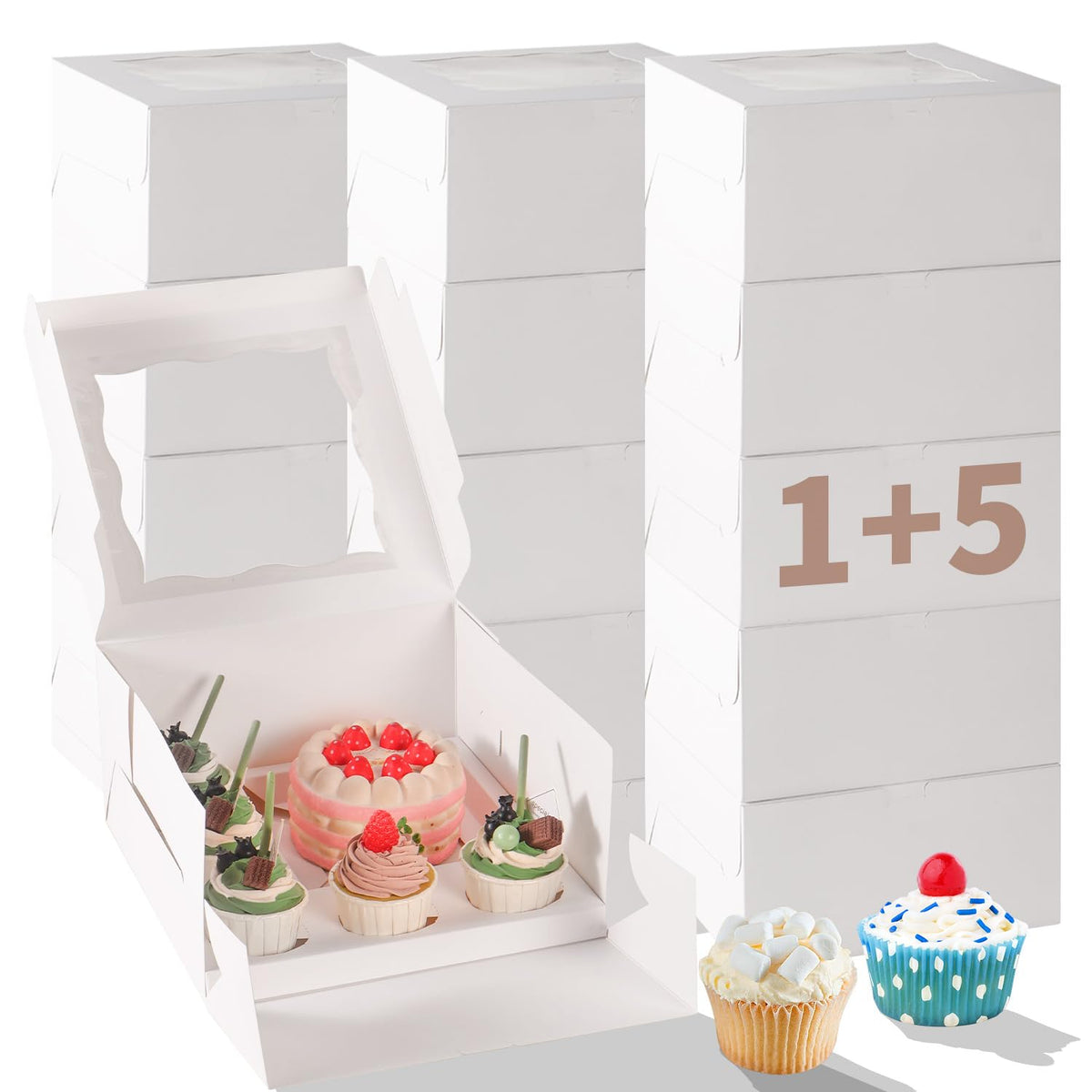 Bento Cake Box With Cupcakes, Clear Window 9 Holes Bento Combination,6 Sets: Cookie Boxes Fit 8 Regular Cupcake and Mini Cakes, Christmas Wedding Birthday Party (White/clear, 1+8/6pcs)