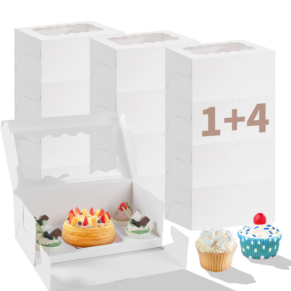 Bento Cake Box With Cupcakes, Clear Window 9 Holes Bento Combination,6 Sets: Cookie Boxes Fit 8 Regular Cupcake and Mini Cakes, Christmas Wedding Birthday Party (White/clear, 1+8/6pcs)