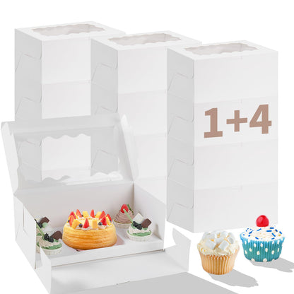 Bento Cake Box With Cupcakes, Clear Window 9 Holes Bento Combination,6 Sets: Cookie Boxes Fit 8 Regular Cupcake and Mini Cakes, Christmas Wedding Birthday Party (White/clear, 1+8/6pcs)