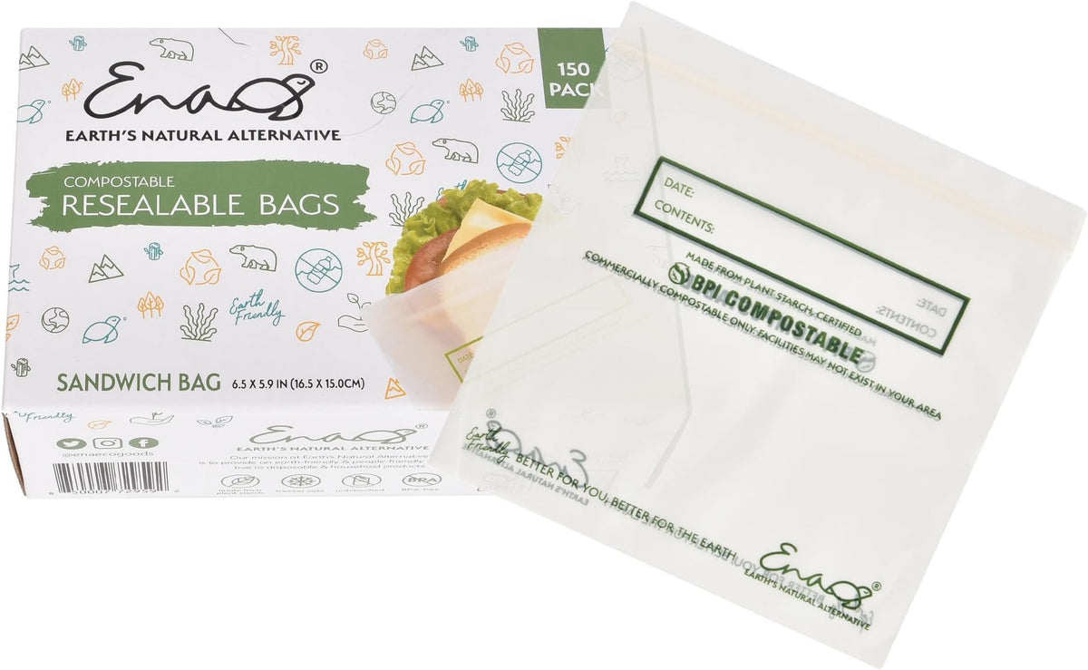 100% Compostable Food Storage Bags - Gallon Size, 50 Pack, Eco-Friendly Freezer Bags, Resealable, Heavy-Duty, Reusable, Off-White Leak Proof, Food Grade by Earth's Natural Alternative