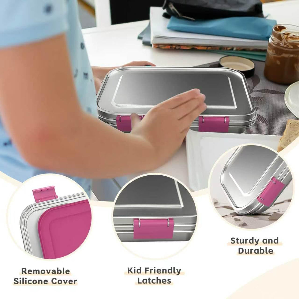 BOSEDSANG Stainless Steel Kids Leak-Resistant Bento Lunch Box, 3-Compartments with Silicone Container, Dishwasher-Safe, Child-Friendly Design for School, Picnics & Travel,BPA-Free(Pink)