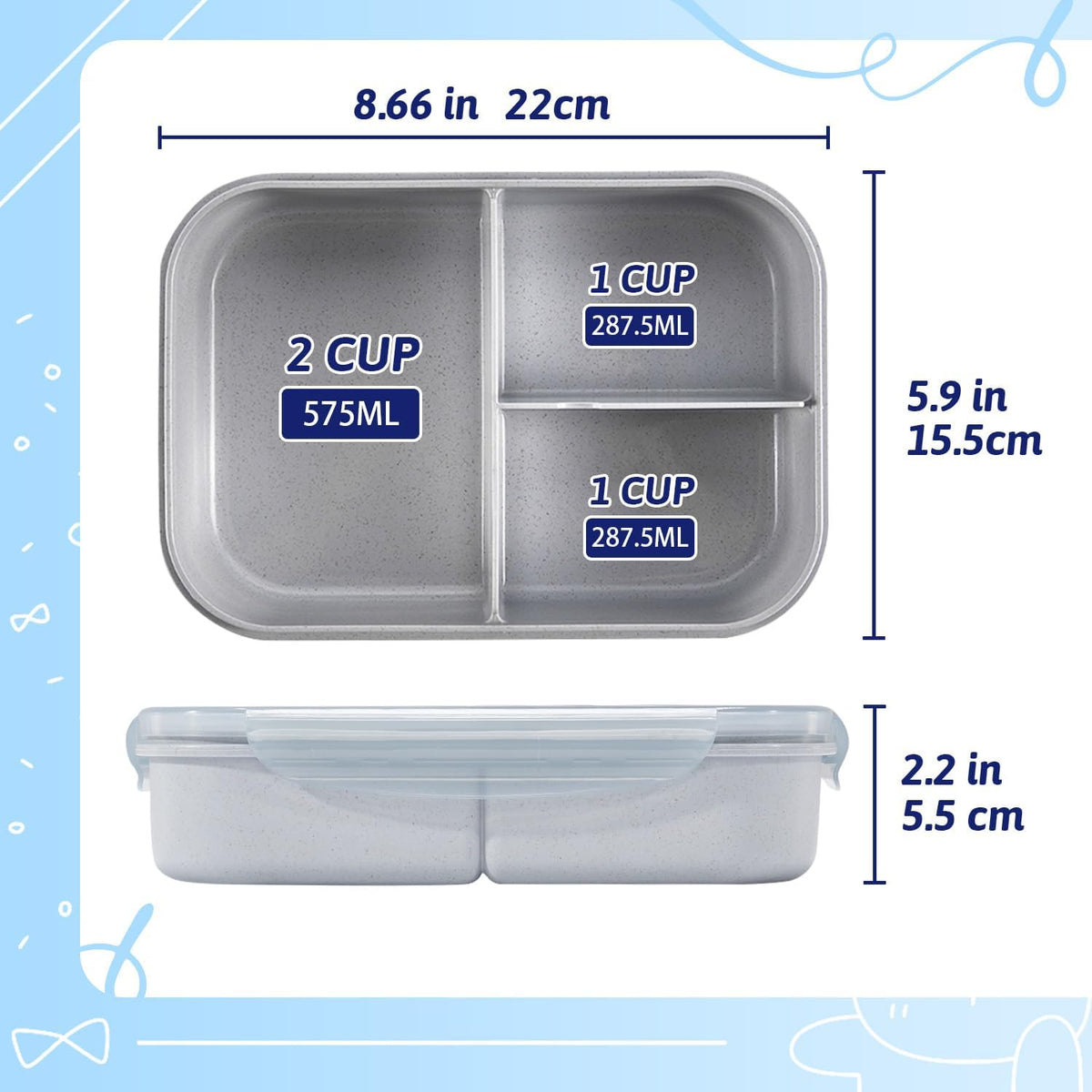 MISS BIG® Bento Lunch Box for Kids, 1150ml, 3 Compartments, Gray