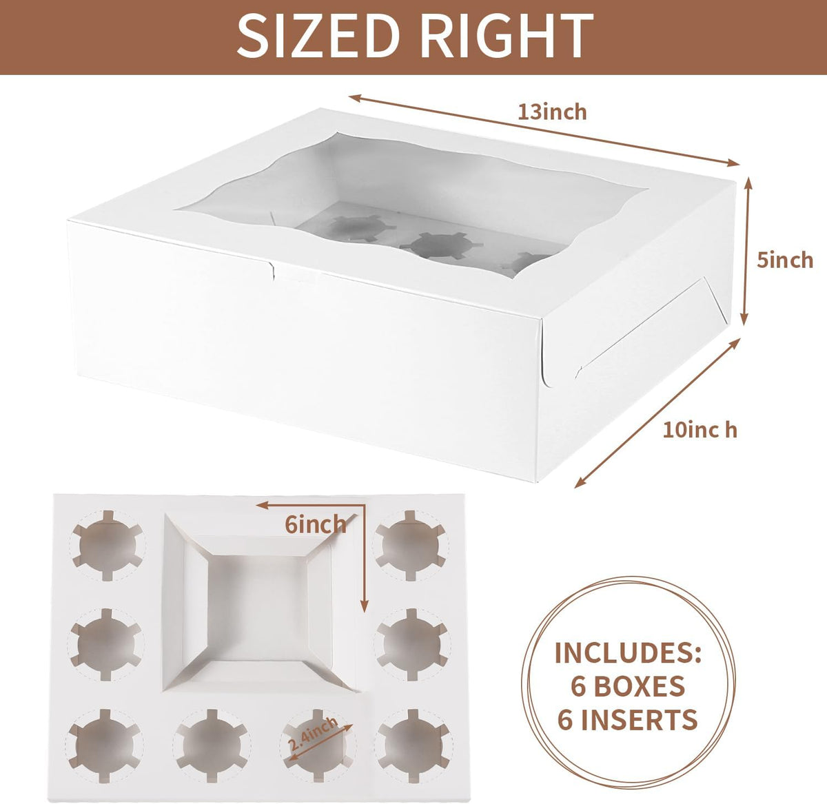 Bento Cake Box With Cupcakes, Clear Window 9 Holes Bento Combination,6 Sets: Cookie Boxes Fit 8 Regular Cupcake and Mini Cakes, Christmas Wedding Birthday Party (White/clear, 1+8/6pcs)
