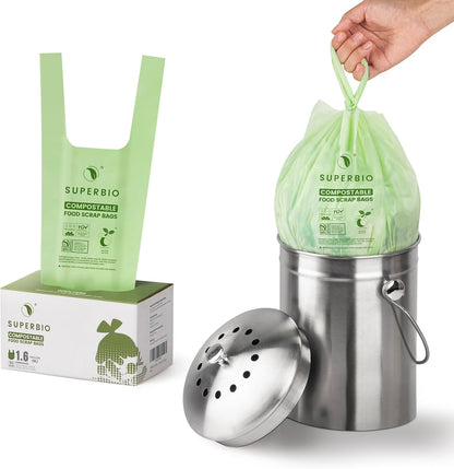 SUPERBIO 1.6 Gallon Compostable Food Scrap Bags For Counter Top Bin