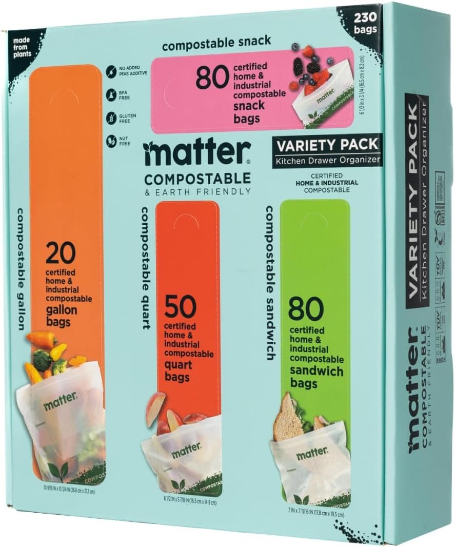 Matter Compostable Resealable Bags, Snack, Sandwich, Quart, Gallon 230 Ct
