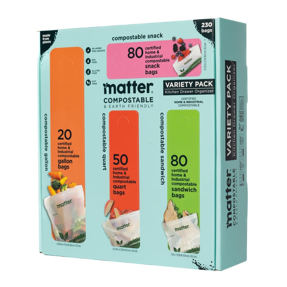 Matter Compostable Resealable Bags, Snack, Sandwich, Quart, Gallon 230 Ct
