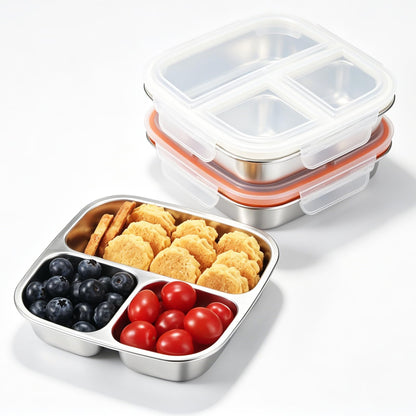 Stainless Steel Snack Containers, 3 Compartments Reusable on and go Bento Box with Lids for Kids, Lunch Box Pre Meal Storage for Daycare School Outdoor Camping Travel - Blue