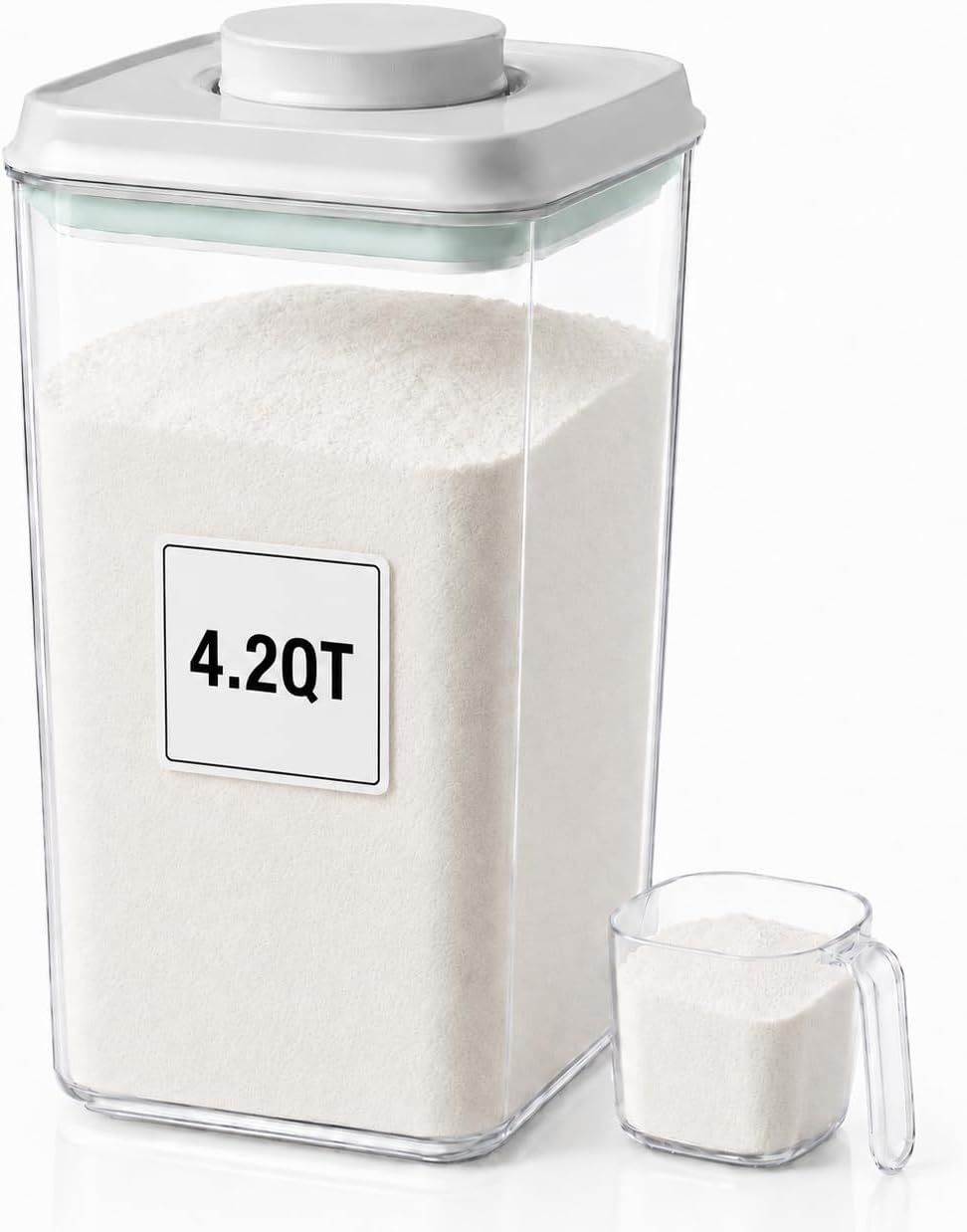 POP Airtight Flour-Rice Food-Storage Container - 4L/4.2Qt Jar with Lid and 3.3Oz Scoop | BPA-Free | Can Hold 5lb of Flour or 5lb of Rice | Stackable and Durable