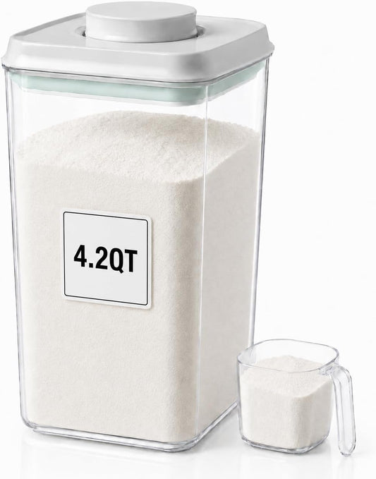 POP Airtight Flour-Rice Food-Storage Container - 4L/4.2Qt Jar with Lid and 3.3Oz Scoop | BPA-Free | Can Hold 5lb of Flour or 5lb of Rice | Stackable and Durable