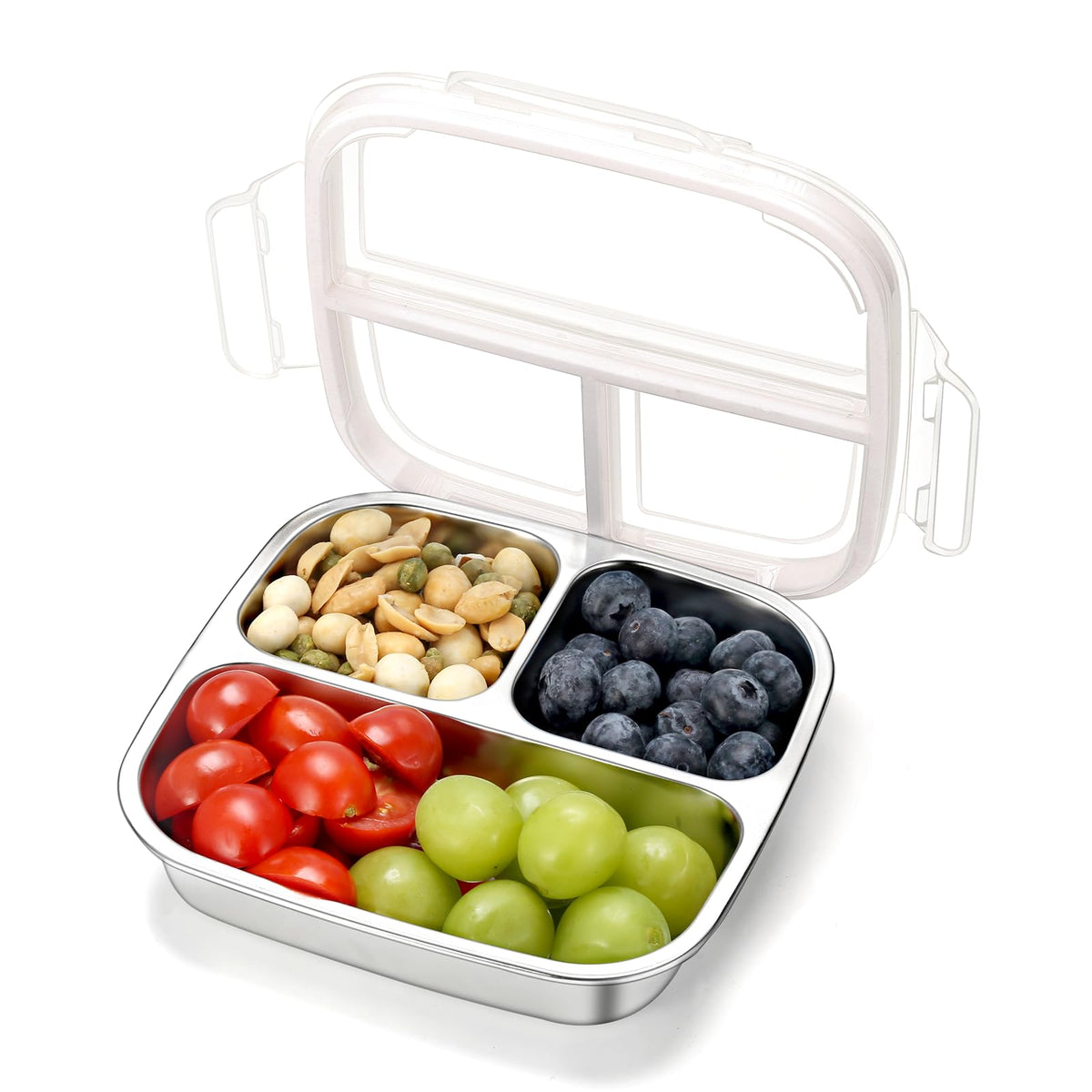 Stainless Steel Snack Containers, 3 Compartments Reusable on and go Bento Box with Lids for Kids, Lunch Box Pre Meal Storage for Daycare School Outdoor Camping Travel - Blue
