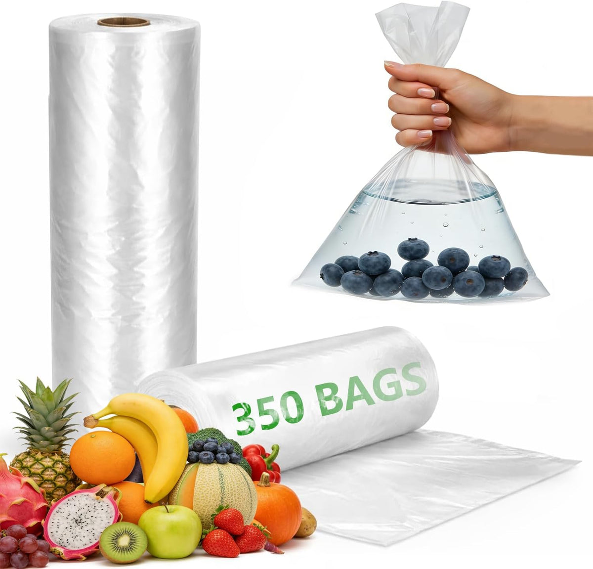 9527 Product 12" x 16" Clear Plastic Produce Bag, Food Storage Bag on a Roll, 350 Bags One Roll, Freeze/Heat Clear Bag for Bread, Meat, Vegetables, Fruits