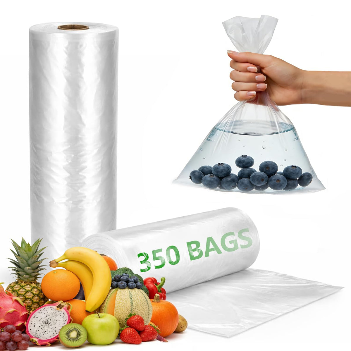 9527 Product 12" x 16" Clear Plastic Produce Bag, Food Storage Bag on a Roll, 350 Bags One Roll, Freeze/Heat Clear Bag for Bread, Meat, Vegetables, Fruits