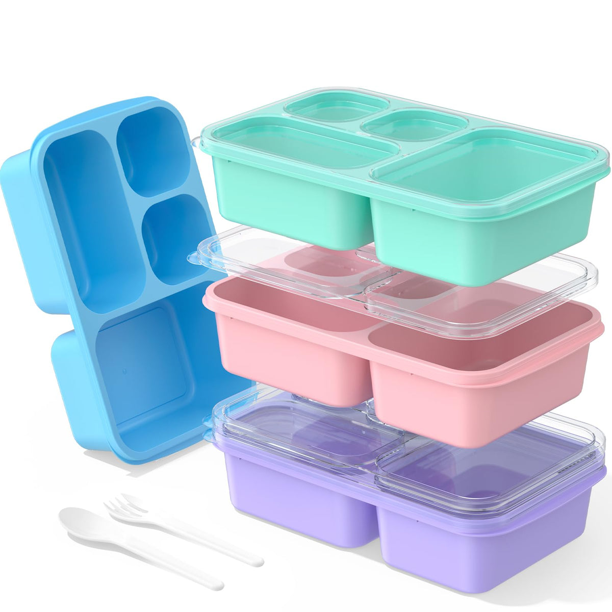 Bento Box Adult Lunch Box - 4 Pack, 5 - Compartment Meal Prep Container for Kids, Reusable Food Storage Snack Containers - Stackable for School, Work, and Travel (Wheat(Green/Blue/Pink/Beige))
